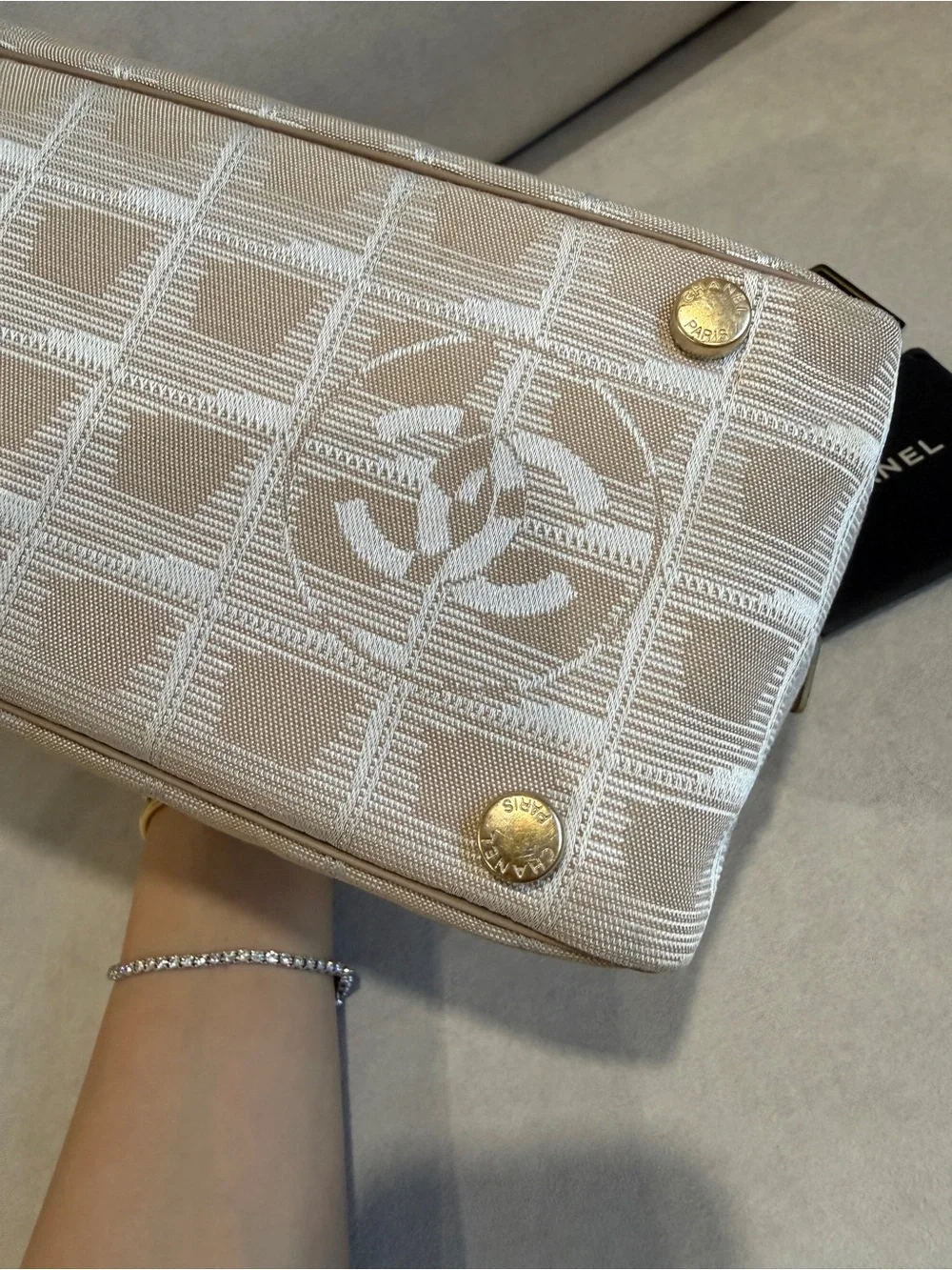 CHANEL Beige Logo Jacquard Satchel with Tan Leather Handles